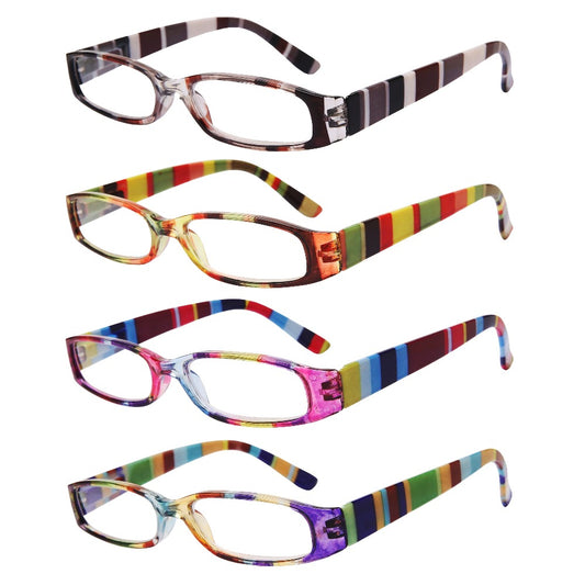 Reading Glasses 4-Pack Retro Rectangle Spring Hinge Multi-Strength for Men and Women – 1.0x to 4.0x Magnification Colorful Printed Frames Eyeglasses Set