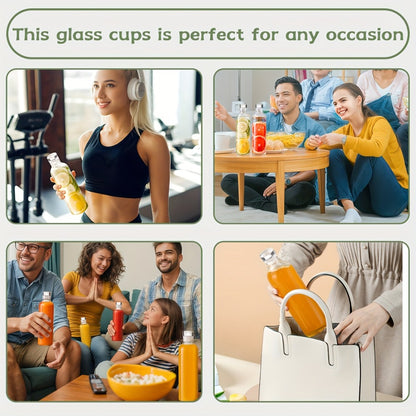 Borosilicate Glass Water Bottle Set of 6 with Lid Sleeve and Cleaning Brush – 18oz Reusable Juice Bottles | Non-Slip Sports Drinking Vessels for Home Office Gym Travel