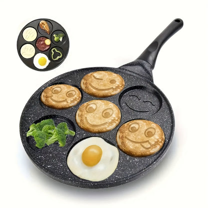 Non-Stick Pancake Pan 7-Hole Smiley Face – Fun Breakfast Egg & Bacon Frying Tray for Kids & Family, Easy to Clean, Mini Pancake Maker Baking Pan Kitchen Cooking Tool