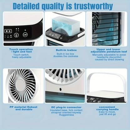 Portable Air Cooler Fan USB Humidifier with Rainbow Ambient Light, 3-Speed Atomization Misting Fan with Large Ice Box and Low Noise, Personal Desktop Cooling Fan Gift for Home, Office and Bedroom
