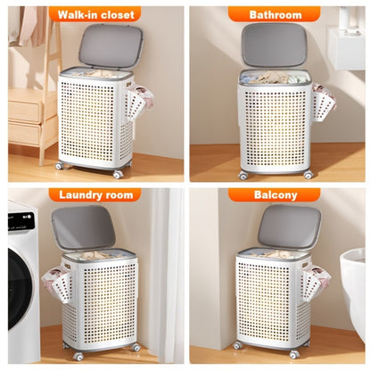 Rolling Laundry Basket with Lid and Wheels – Large Foldable Ventilated Storage Bin with Lockable Casters, Removable Inner Basket for Underwear, Space-Saving Clothes Hamper for Bedroom & Bathroom