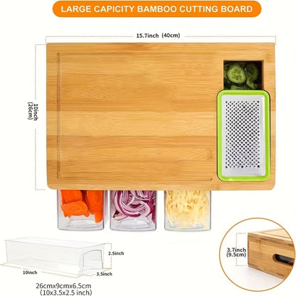 Bamboo Cutting Board with Drawer & Food Container Juice Tank Cheese Shredder Carving Board with Easy Handgrip for Vegetables, Meat & Cheese – Kitchen Chopping Board with Storage