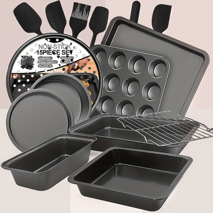 Nonstick Bakeware Set with Cooling Rack Cookie Sheet Cake Pans Loaf Muffin Pizza Pan Oven Safe Baking Pans Set for Kitchen 6 14 15 Piece