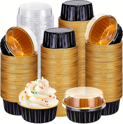 Aluminum Foil Baking Cups with Lids, Disposable Cupcake Molds with Spoons, Oven Safe Foil Dessert Cups for Pudding Muffins Mousse, Party Baking Supplies for Weddings Birthdays, 30 or 50 Sets