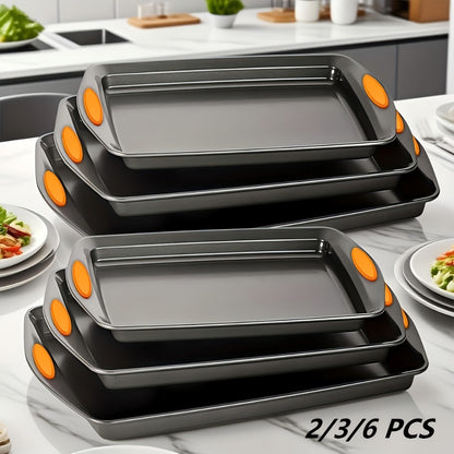 Nonstick Baking Sheet Set with Silicone Handles, Carbon Steel Cookie Sheet Pan Set in Assorted Sizes, Stackable Bakeware for Baking Roasting, Heavy Duty Oven Pans with Orange Handles, 2-Piece or 6-Piece