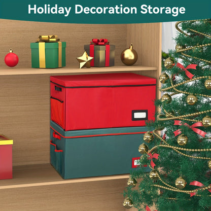 Christmas Ornament Storage Box 128 Slots 8 Trays Stackable Large Capacity Holiday Organizer with Lid Side Open Adjustable Dividers Removable Trays Red Green