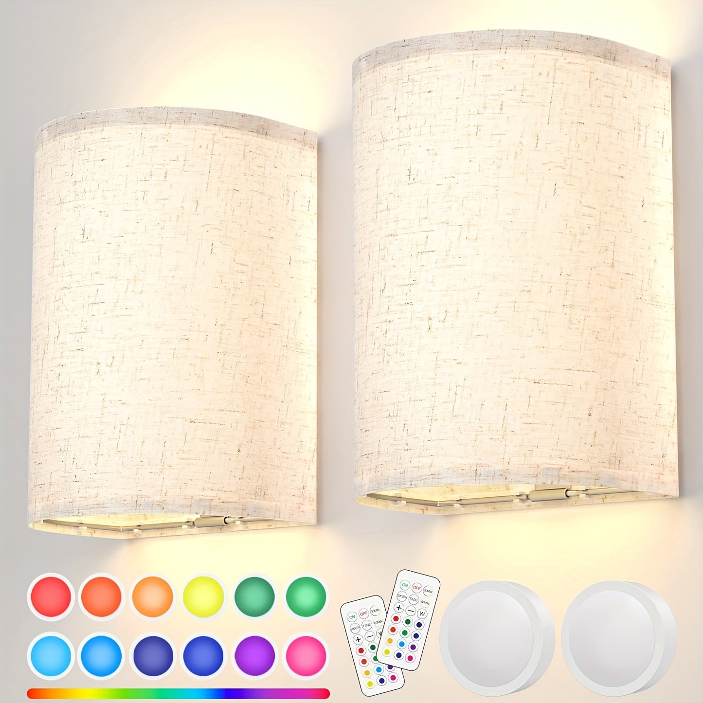 Rechargeable Wall Sconce Set of 2 – Wireless Fabric Shade Wall Light with Remote Control, Magnetic Puck Light, Dimmable CCT or RGB Color, No Wiring for Bedroom Living Room Hallway Decor