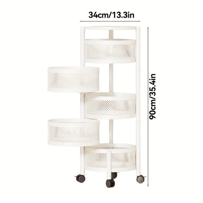 Rotating Storage Rack Multi-Tier Rolling Cart – 360° Swivel Round Floor Standing Organizer with 4 or 5 Layers, Vegetable Basket & File Rack for Kitchen, Bathroom, Office & Living Room (Black / White)
