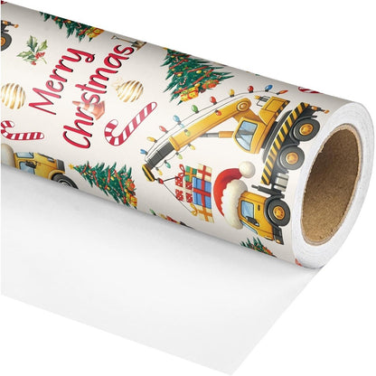 Christmas Wrapping Paper Construction Vehicles - Dump Trucks Excavators Tractors Gift Wrap for Boys Girls, 58"x23" Roll (28.5 Sq Ft)