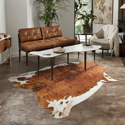 Faux Cowhide Rug Brown Western Style Area Carpet | Non-Slip Suede Backing | 5.2×4.6 & 6.2×5.2 Ft | Living Room Bedroom Office