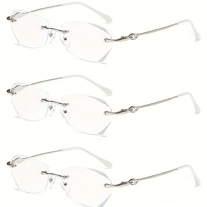 Rimless Reading Glasses for Women 3 Pack - Blue Light Blocking Lightweight Metal Frameless Readers with Anti Eyestrain Lenses, Multiple Colors and Magnifications 1.0X to 4.0X