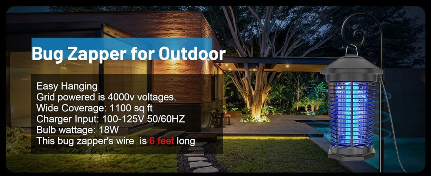 Bug Zapper Electric Indoor Outdoor – 4000V High Voltage UV 365nm 18W Mosquito Killer Fly Zapper with 6ft Cord, ABS Fireproof Safety Housing, Removable Tray & Cleaning Brush for Backyard Patio Garden Camping – Black