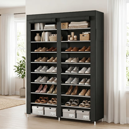Shoe Rack Organizer 9 Tier Double Row Large Capacity Holds 42 Pairs Nonwoven Fabric Dust Cover Portable Shoe Cabinet Space Saving Easy Assembly for Home Bedroom Closet Dormitory Black