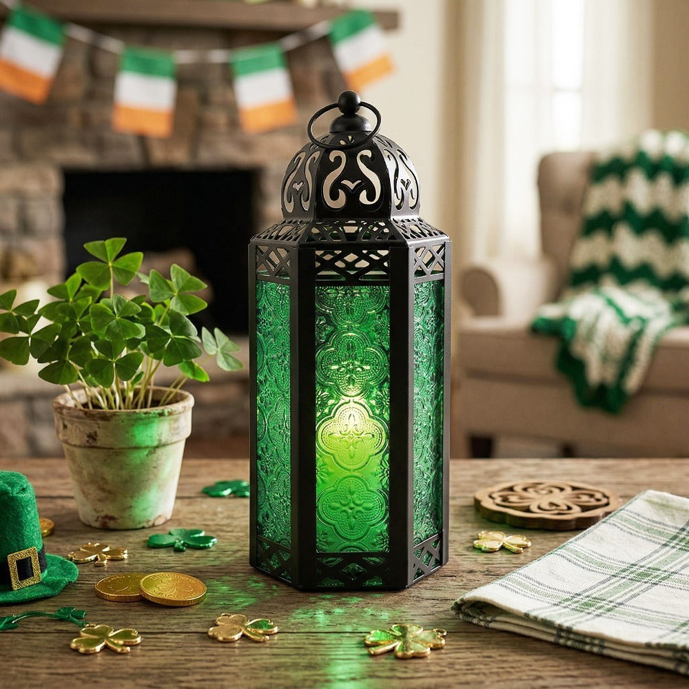 Moroccan Candle Lantern Holder - Decorative Metal & Glass Lantern with Embossed Floral Design for Indoor Home Decor, Garden, Patio, Weddings, Ramadan, Halloween & Holiday Celebrations - 10.5" Tall Medium Size