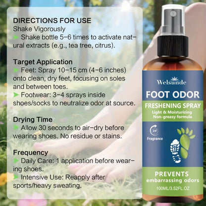 Foot & Shoe Deodorant Spray - Odor Control & Long-Lasting Freshness, Quick-Absorbing Non-Greasy Formula, Hypoallergenic, 100ml/3.52fl.oz, for Men & Women