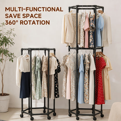 Rolling Hexagon Clothes Drying Rack 1 or 2 Layer – Sturdy Metal Floor Stand with Wheels, Multi-Bar & 10 Clips, Portable Laundry Rack for Bedroom, Balcony & Dorm