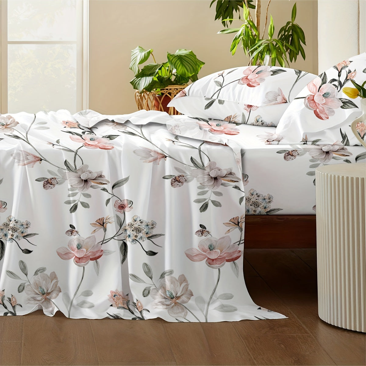 Bed Sheets Set 4pcs Deep Pocket Fitted Sheet & Pillow Cases | Soft Floral Bedding Twin Full Queen King – White Pink Green