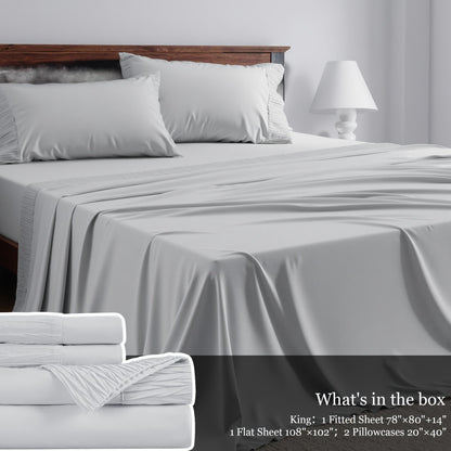 Bed Sheet Set 4-Piece Soft Breathable Cooling Sheets - Flat Sheet, Fitted Sheet & 2 Pillowcases, Wrinkle-Free Hotel Luxury Bedding, All Season Comfort
