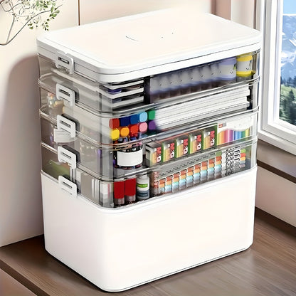 5-Tier Stackable Storage Box with Lids | Large Capacity Transparent Organizer with Handle for Home & Travel - Pill Box, Craft, Sewing, Cosmetics, Office & Bathroom Supplies, Easy to Clean, 30x16.5x31cm