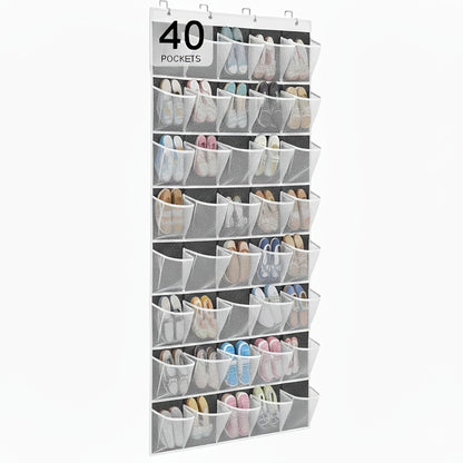 Over the Door Shoe Organizer 40 Pockets with 4 Hooks – Durable Fabric Hanging Shoe Storage for Closet, Entryway & Bedroom – Space-Saving Door Shoe Rack in Gray, White & Black
