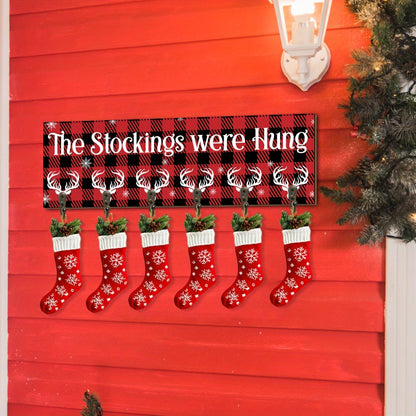 Christmas Stocking Holder with 6 Hooks – Wooden Sign Wall Rack with Snowflake Design & "The Stockings Were Hung" Quote, Santa Claus Mantel Hanger for Holiday Fireplace Decor