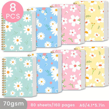 A6 Spiral Notebooks 8 Pack - Floral Design College Ruled Journals with Tear-Off Pages | Portable Memo Pads for Students & Office | Gift Set