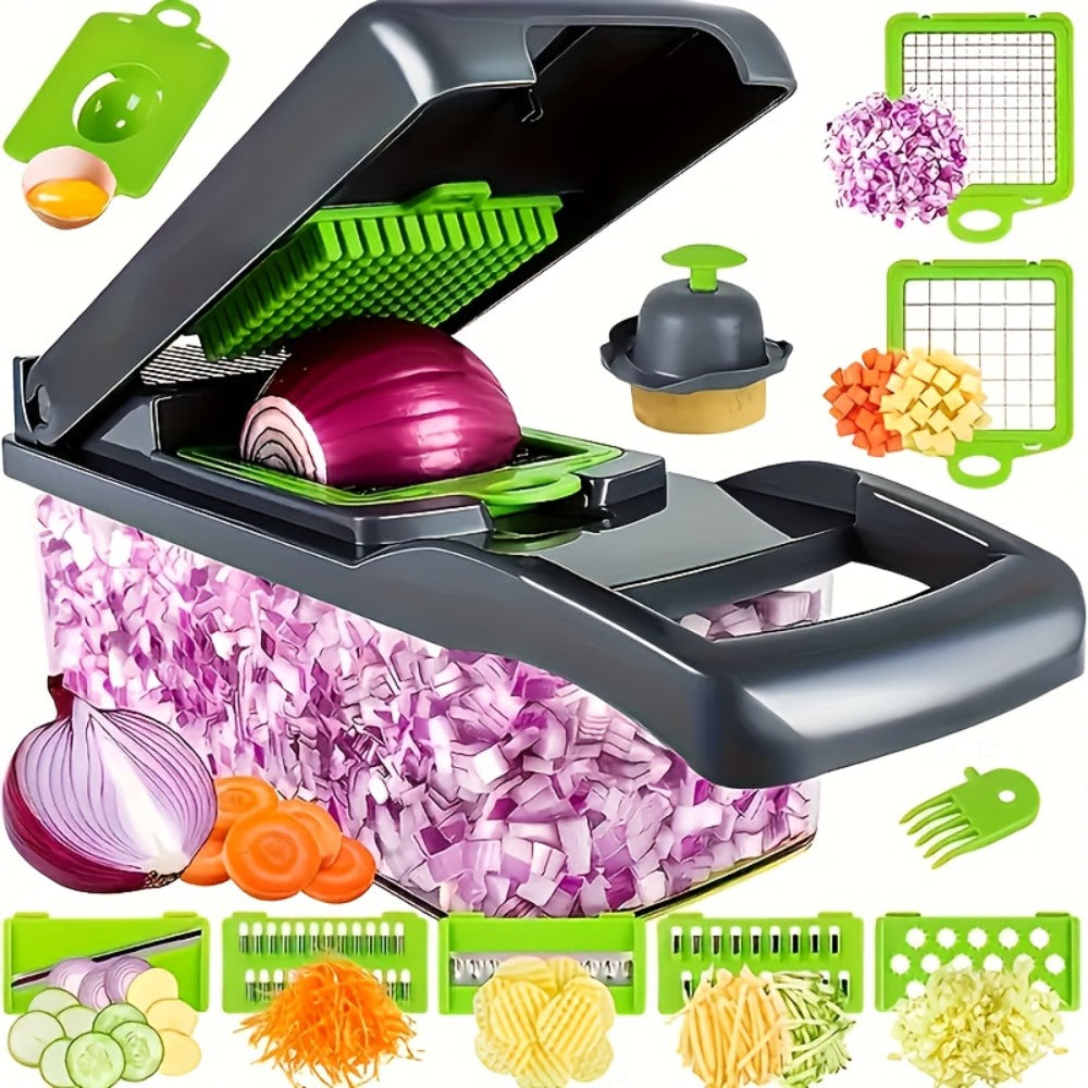 Vegetable Chopper 18-in-1 Multifunctional Food Chopper & Mandoline Slicer with Container – Onion Dicer, Adjustable Cutter for Kitchen Meal Prep, Gray