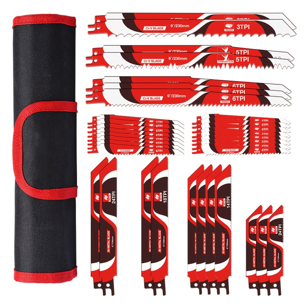 Reciprocating Saw Blades Set 34-Piece – Universal Fit Heavy Duty Bi-Metal Blades for Metal & Wood Cutting, Demolition, Pruning, Remodeling, Compatible with DeWalt Makita Milwaukee Bosch, Storage Pouch