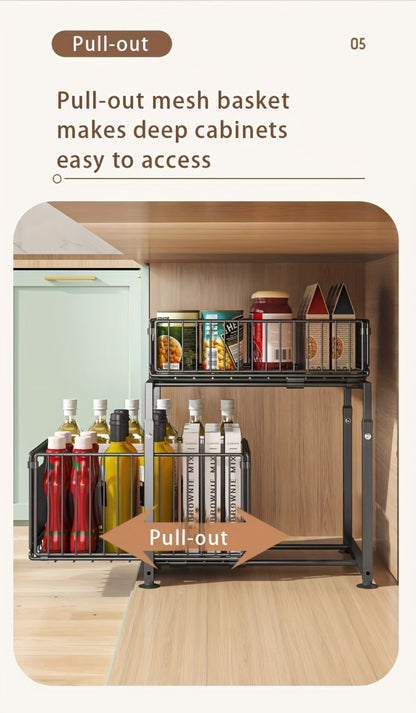 Under Sink Organizer 2-Tier Slide Out Pull Out Drawer Metal Basket Height Adjustable - Under Sink Cabinet Organizer for Kitchen Bathroom Storage, Sliding Shelf Rack for Cleaning Supplies Toiletries