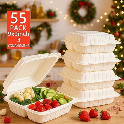 Disposable Food Containers Take Out Boxes with Lids - 7" 8" 9" Plastic Clamshell Meal Prep Containers BPA Free 1 & 3 Compartment Heavy Duty Reusable White