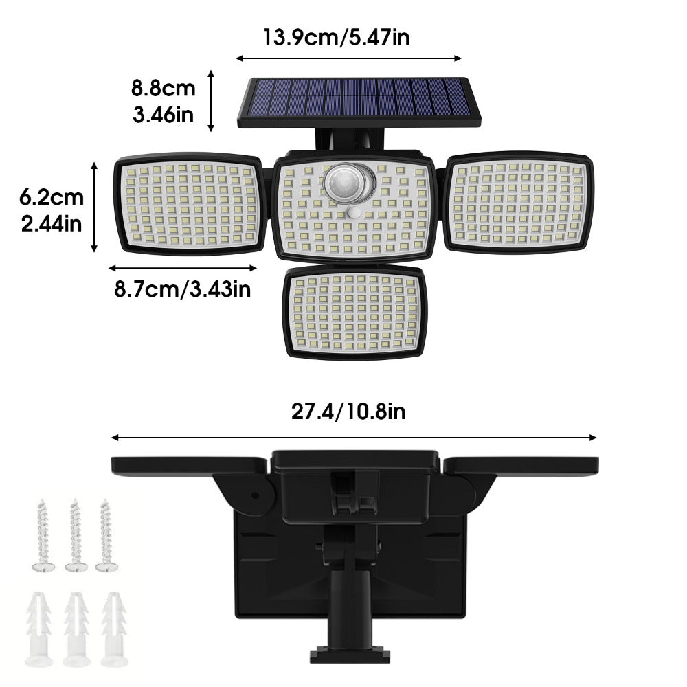 Solar Outdoor Motion Sensor Light 4-Head 3000LM – 270° Wide Angle, 3 Modes, IP65 Waterproof, Remote Control, Solar Flood Light for Garden Backyard Garage Wall Yard, 1/2/4 Pack