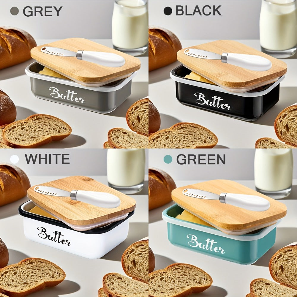 Butter Dish with Bamboo Lid & Knife, Iron Airtight Butter Keeper & Cheese Storage Box — Large Capacity Kitchen Counter Butter Container | Holiday Gift | Black, Gray, Green