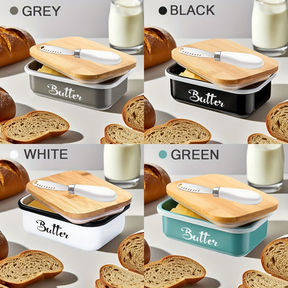 Butter Dish with Bamboo Lid & Knife, Iron Airtight Butter Keeper & Cheese Storage Box — Large Capacity Kitchen Counter Butter Container | Holiday Gift | Black, Gray, Green