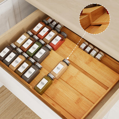 Bamboo Spice Drawer Organizer Expandable 4-Tier | Adjustable Width 12"-23" Fits 3" Deep Drawers | Space-Saving Kitchen Cabinet Seasoning Storage Tray for Spice Jars Bottles