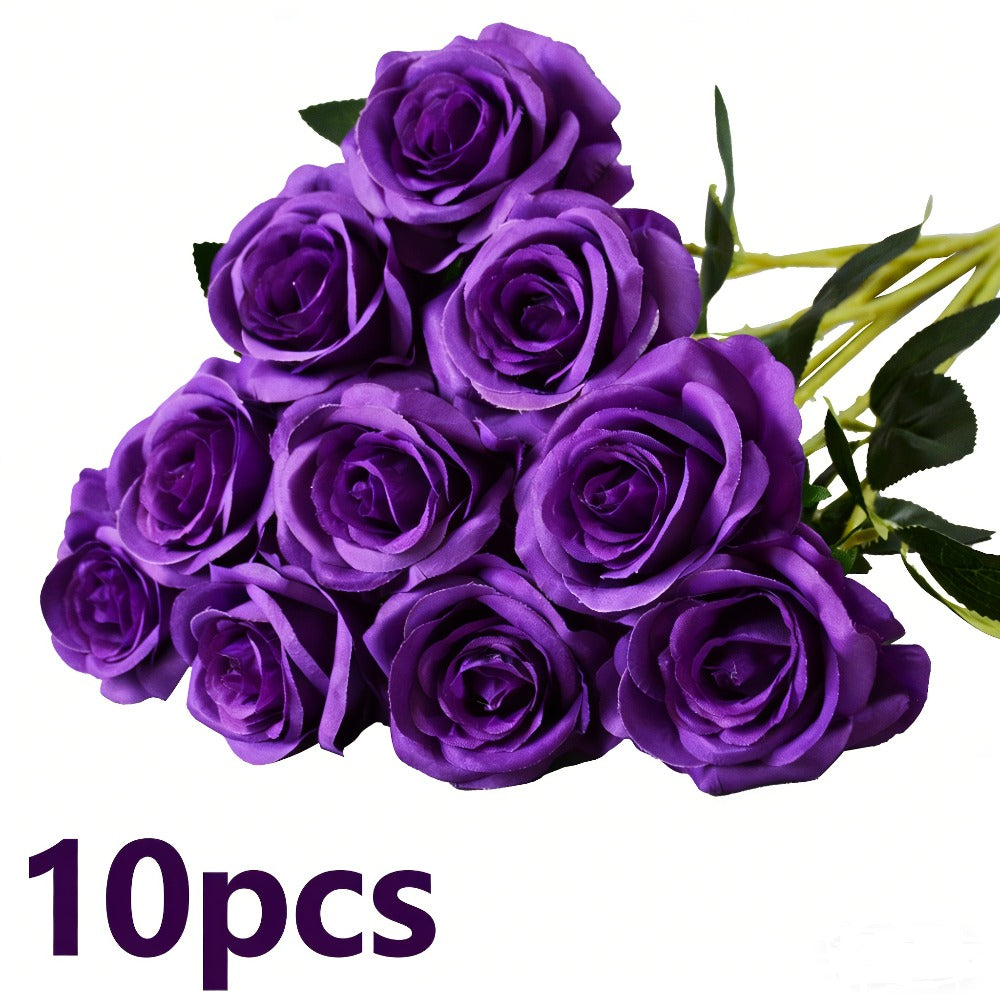 10pcs Artificial Silk Roses Bulk - Fake Flowers for Wedding Home Decor, 19.69" Long Stem, Deep Purple & Dark Green