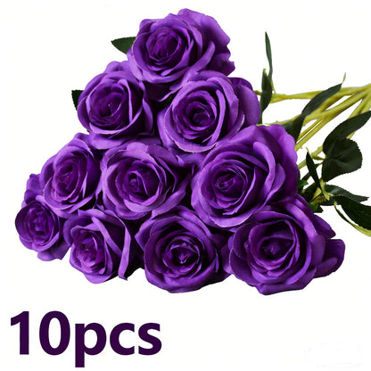 10pcs Artificial Silk Roses Bulk - Fake Flowers for Wedding Home Decor, 19.69" Long Stem, Deep Purple & Dark Green