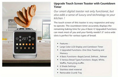 Digital Touch Screen Toaster 2 Slice Stainless Steel with 5 Bread Functions 7 Shade Settings Bagel Defrost Reheat Cancel Removable Crumb Tray LED Display Kitchen Toaster