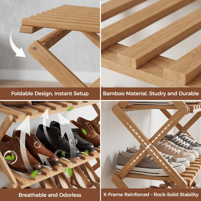 Bamboo Shoe Rack Foldable Multi-Tier – Space-Saving Shoe Storage Shelf, Easy Assembly Standalone Organizer for Entryway, Hallway, Bedroom, Bathroom & Office – 6 or 8 Tier Options