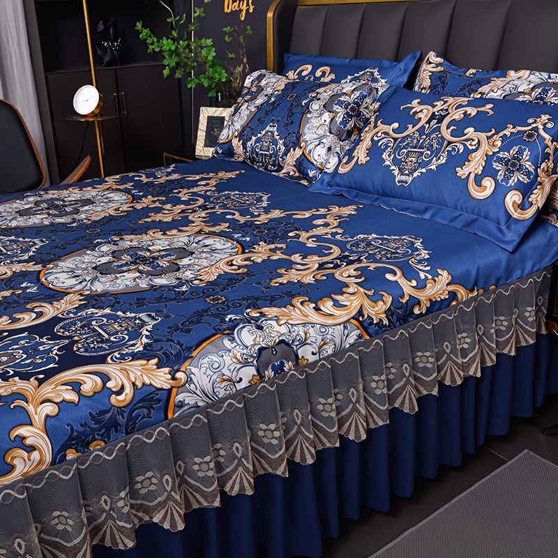 Floral Ruffle Bed Skirt Cool Mat 3 Piece Set with Pillowcase, Double Layer 360° Full Wrap Washable Cooling Mattress Cover, Breathable Summer Bedding Set for Twin Full Queen King, Parisian Romantic Floral