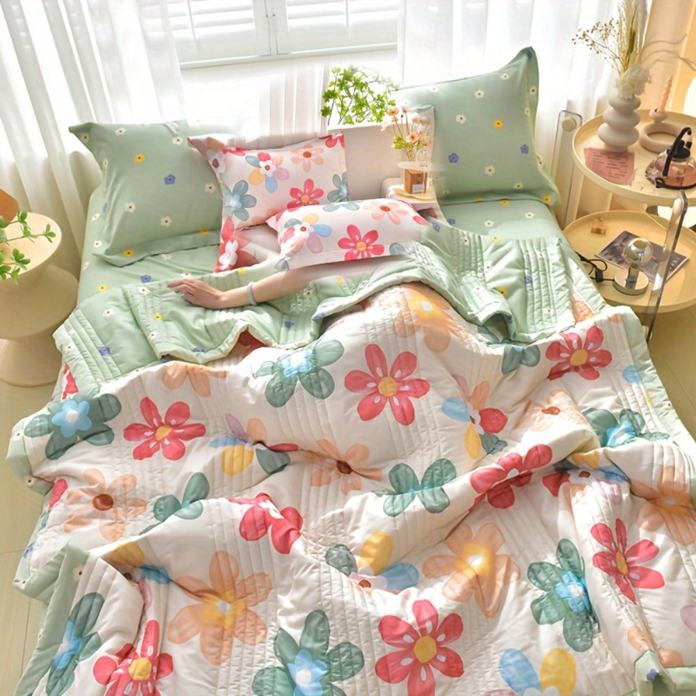 Quilt Set 3 Piece Summer Cooling – Floral Printed Thin Comforter with 2 Pillowcases, Soft Skin-Friendly Bedding for Twin Full Queen King, All Season Lightweight Blanket for Bedroom Hotel Guest Room