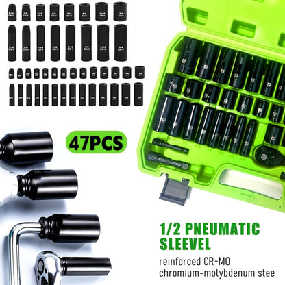 Impact Socket Set – 53-Piece Tool Set, 47-Piece 3/8" Drive & 34-Piece 1/2" Drive, SAE & Metric Sizes, 6-Point CR-V with Ratchet Handle, Extension Rod & Connector for Auto Repair & DIY