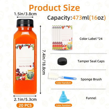 Plastic Juice Bottles with Lids - Clear Reusable Drink Containers for Juice Smoothies Water and Beverages, Available in 12oz and 16oz in Sets of 20, 36, 56 or 100, Includes Funnel and Cleaning Brush