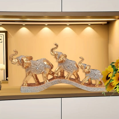 Golden Elephant Figurine Set of 3 - Lucky Elephant Statue Home Decor, Resin Elephant Family Sculpture for Living Room TV Cabinet Office Desktop, Wealth Attracting Housewarming Gift, 14 Inch