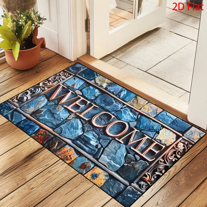 Non-Slip Welcome Doormat Stone Pattern Entrance Carpet Indoor Outdoor Floor Mat