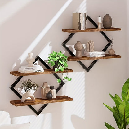 Floating Wall Shelves Double Layer Geometric Diamond Metal Wire Wood Display Stand Industrial Style for Living Room Kitchen 2 4 Pack