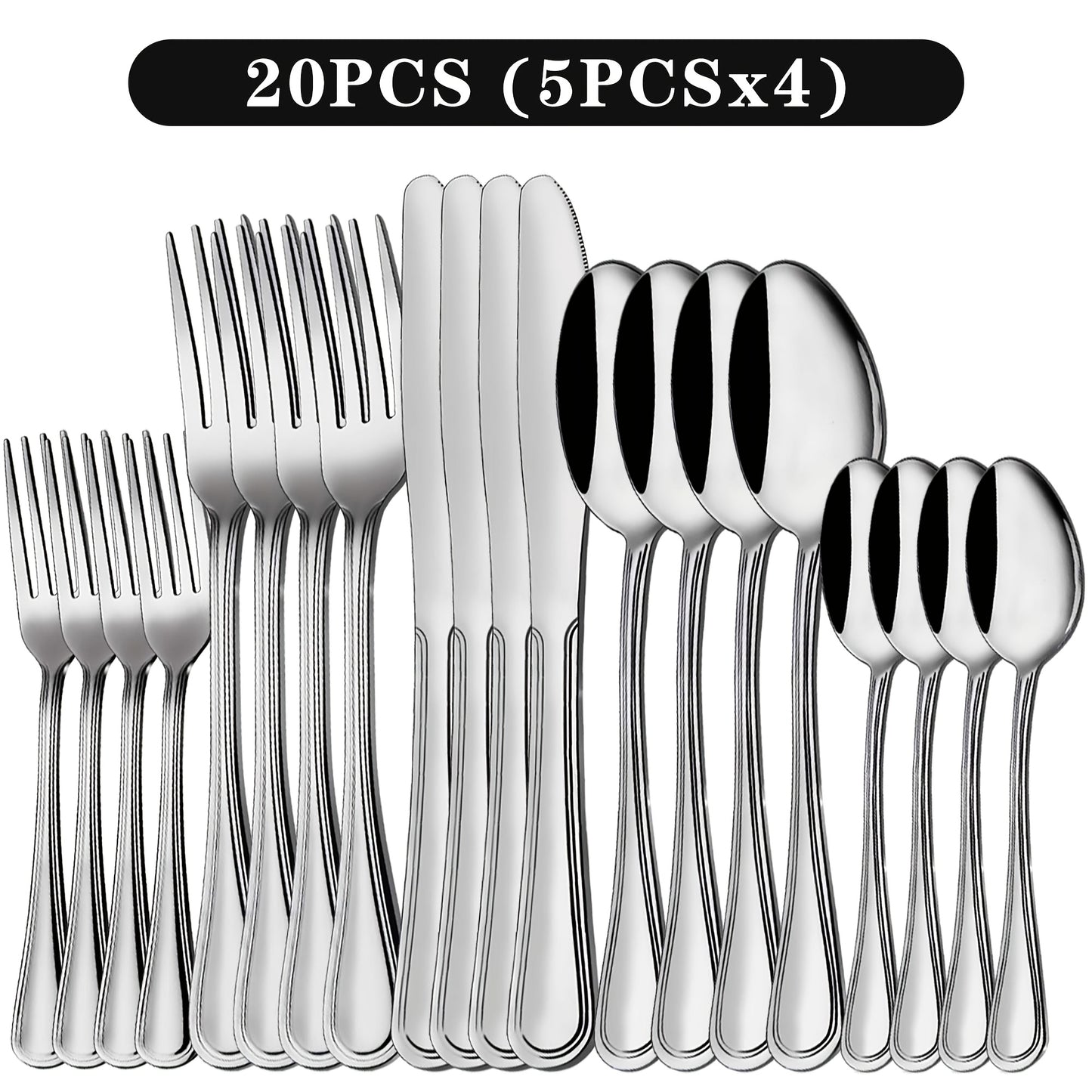 Stainless Steel Flatware Cutlery Set – Mirror Polished, Dishwasher Safe, Silver & Black Options, Service for 4 / 8 / 12 – Kitchen Utensil Set for Home, Restaurant & Wedding Gift