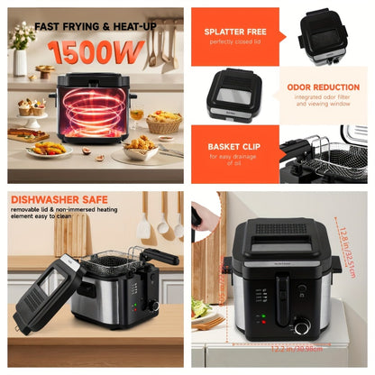 Deep Fryer Electric 1500W Non-Stick with Detachable Basket Adjustable Temperature Control Viewing Window Removable Lid Easy Clean Home Deep Frying Pan for French Fries Chicken 1.5L 2.5L 3L