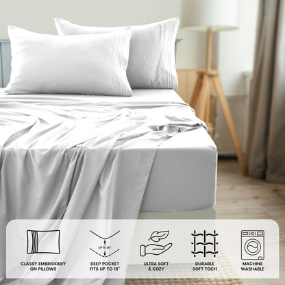 Fitted Sheet Set 6-Piece Brushed Polyester Deep Pocket Bed Sheets 20 Colors Hotel Luxury Soft Bedding with Embroidered Pillowcases