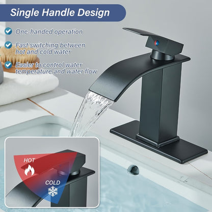 Waterfall Bathroom Faucet Single Handle - Modern Sink Faucet with Valve, Chrome & Matte Black & Brushed Nickel & Brushed Gold Finish, 1 or 3-Hole Deck Mount, G9/16 Threads, Water Supply Lines Included
