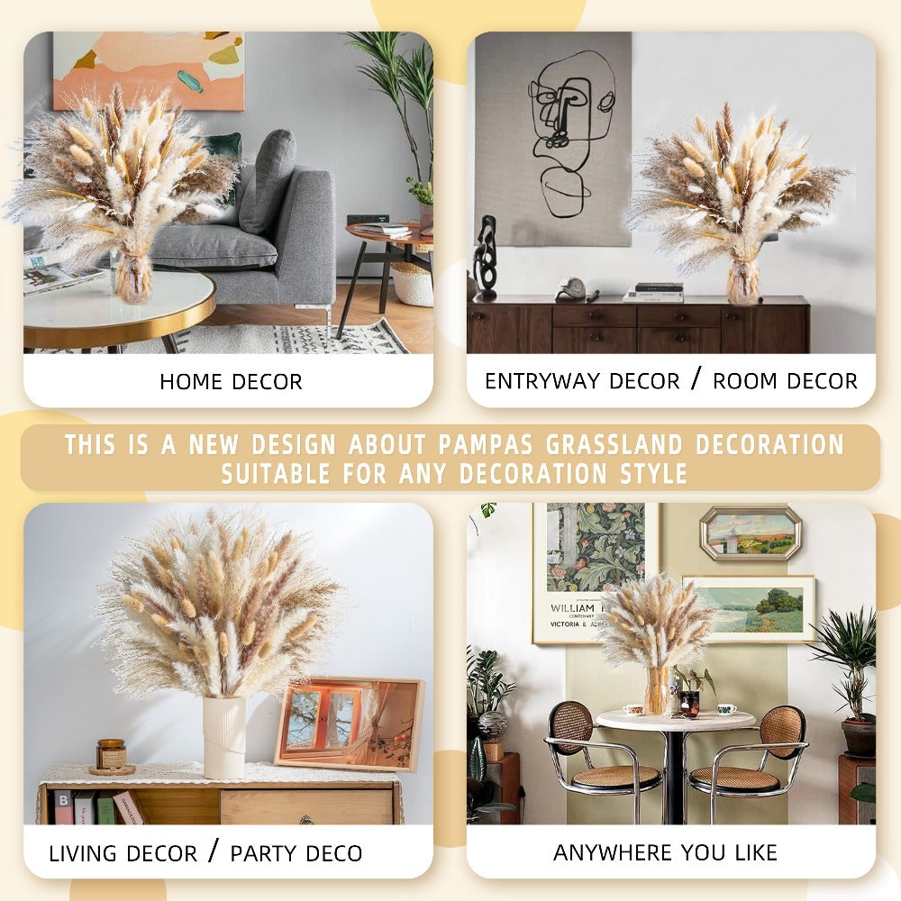 Pampas Grass Decor 120pcs Natural Dried Floral Arrangement Boho Bouquet for Wedding Centerpiece Table Decor Rustic Home Decor Vase Filler Aesthetic Room Decor Bohemian Style